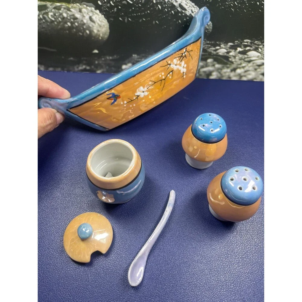 Vintage 1940s Japanese lusterware condiment boat set